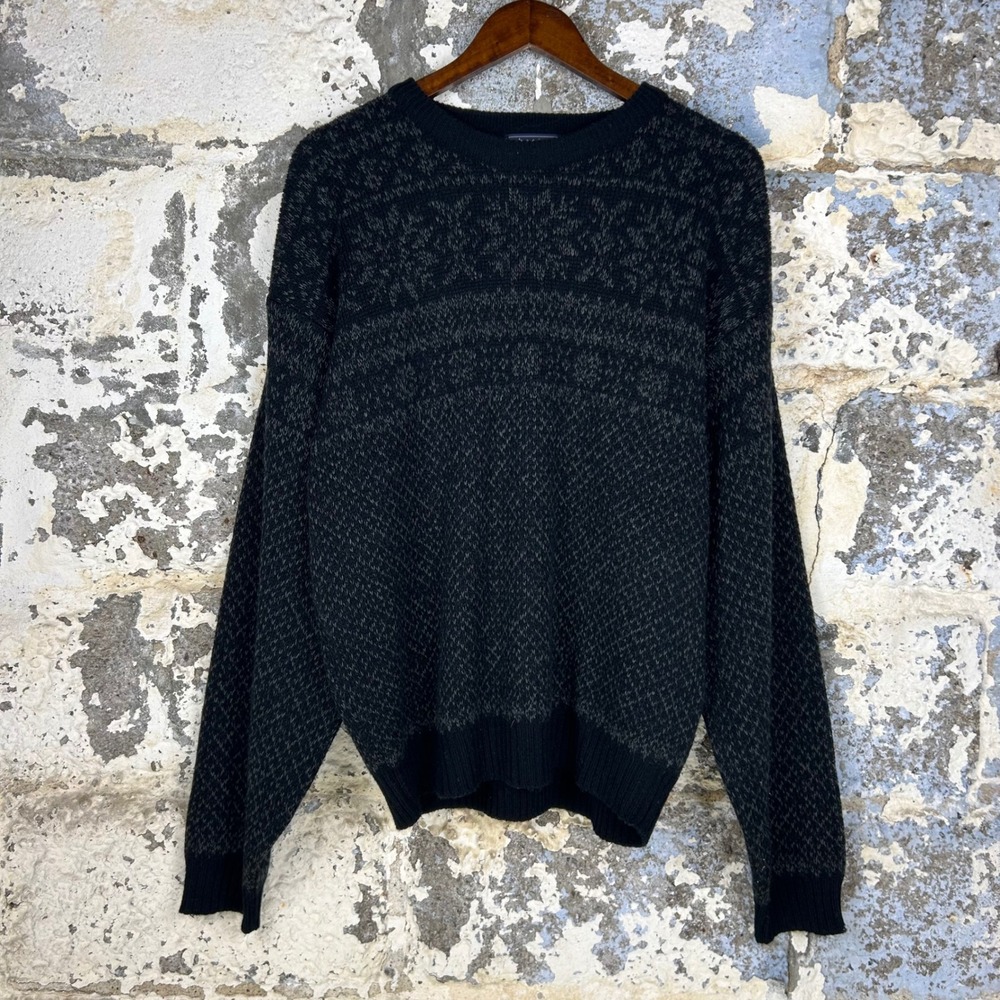 Vintage Y2K Basic Editions Sweater Black Gray Intarsia Knit Pullover Mens Large